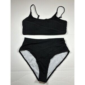 Black Bikini Seersucker Black Large Removable Pads Adjustable Straps High Cut